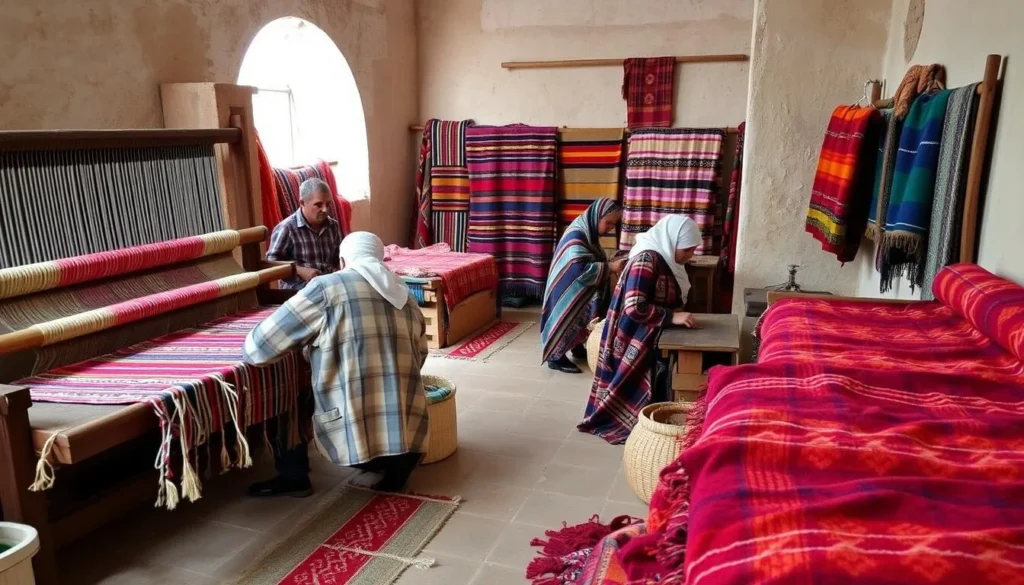 Traditional wool weaving and textile production in Ouazzane Morocco Traditional wool weaving and textile production in Ouazzane Morocco
