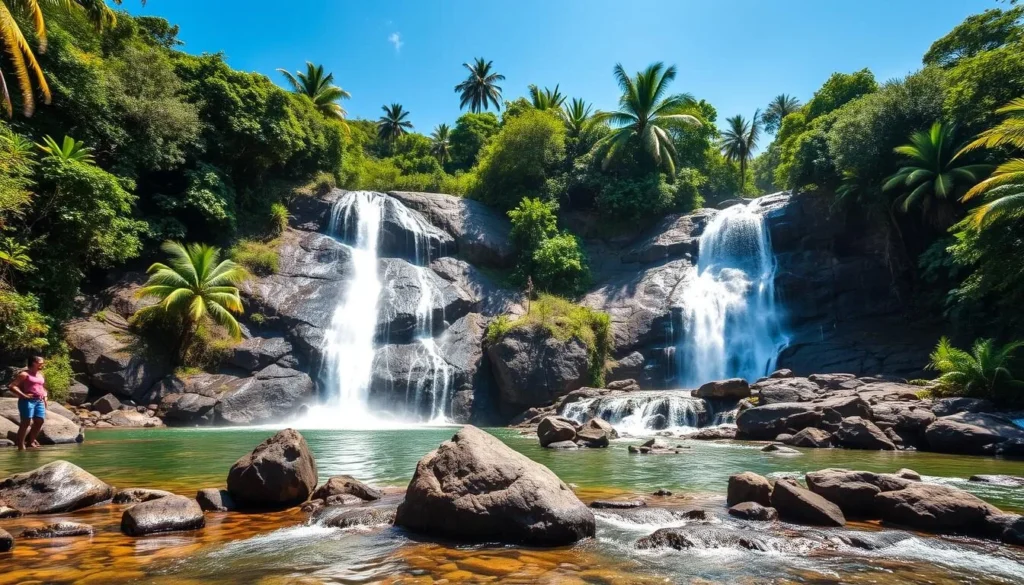 Trafalgar Falls in Dominica during the dry season with clear water flowing over rocks surrounded by lush vegetation