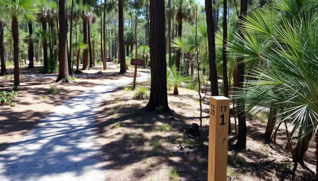 Trail marker and information sign on a hiking path at Lake Louisa State Park Trail marker and information sign on a hiking path at Lake Louisa State Park