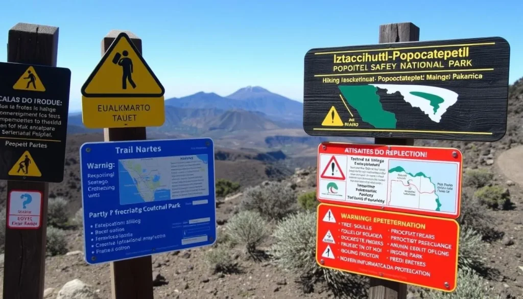Trail marker and safety sign in Iztaccihuatl-Popocatepetl National Park with hiking information