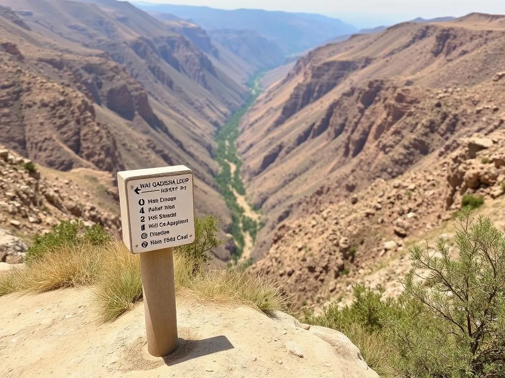 Trail marker on the Wadi Qadisha Loop hiking path with valley views Trail marker on the Wadi Qadisha Loop hiking path with valley views
