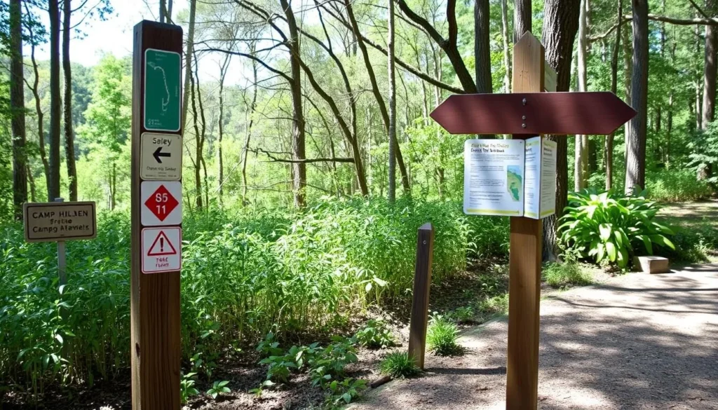 Trail markers and safety signs at Camp Helen State Park