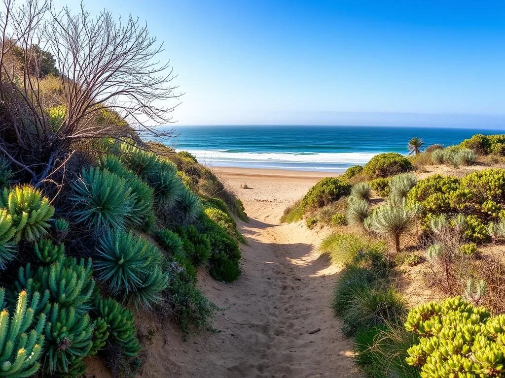 Trail path leading to La Piedra Beach with coastal vegetation
