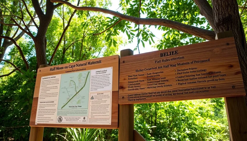 Trail sign at Half Moon Caye Natural Monument showing conservation information
