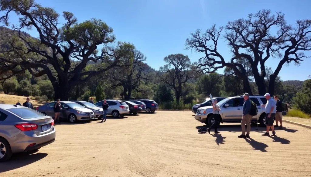 Trailhead parking area at Robert Louis Stevenson State Park with hikers preparing for their journey