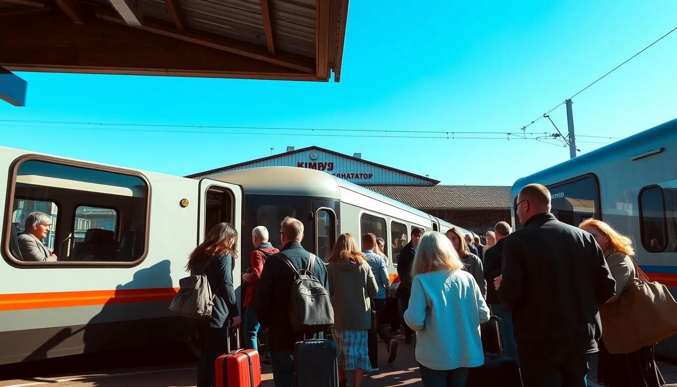 Train arriving at Kimry station with passengers preparing to disembark