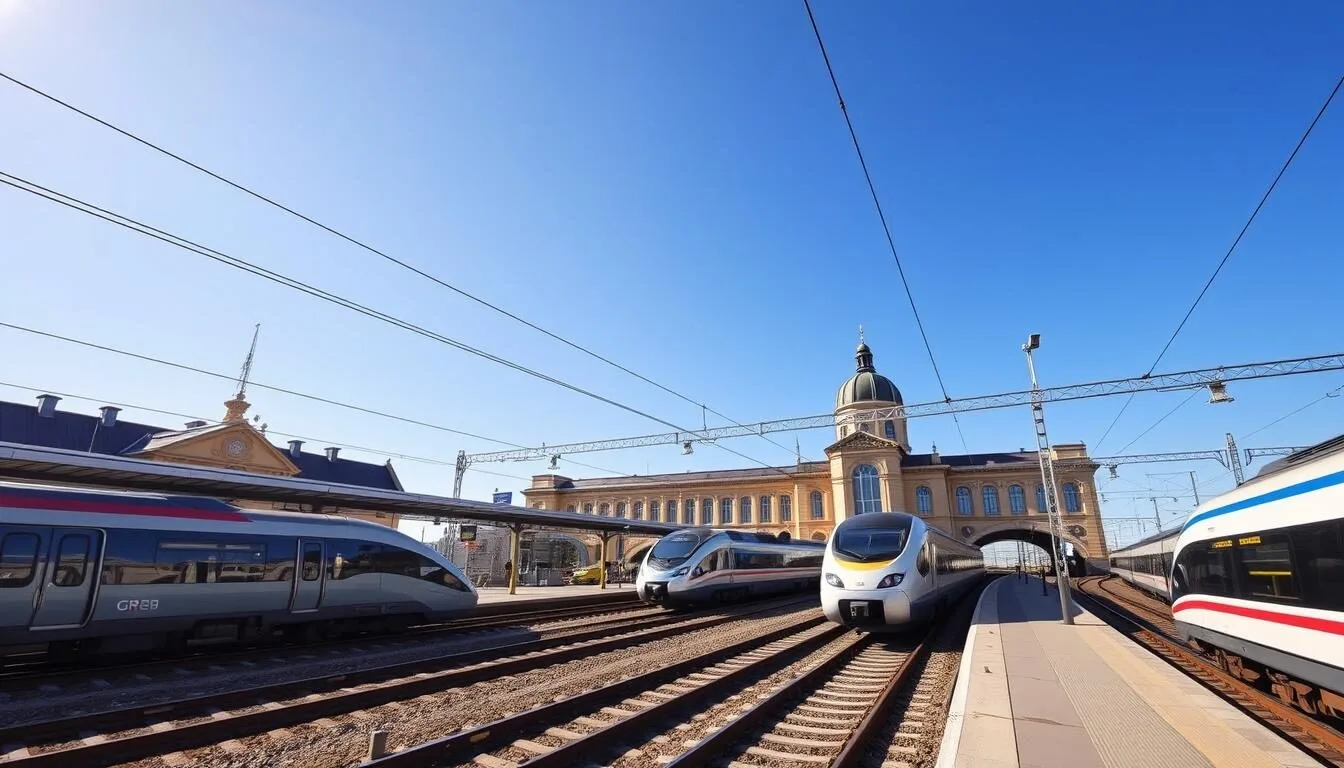 Train station in Orleans, France with high-speed trains arriving