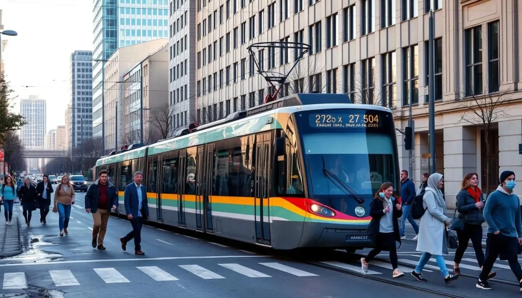 Tram running through downtown Khabarovsk with pedestrians crossing the street Tram running through downtown Khabarovsk with pedestrians crossing the street