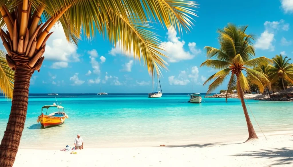 Tranquil Rodger's Beach near San Nicolas Aruba with fishing boats