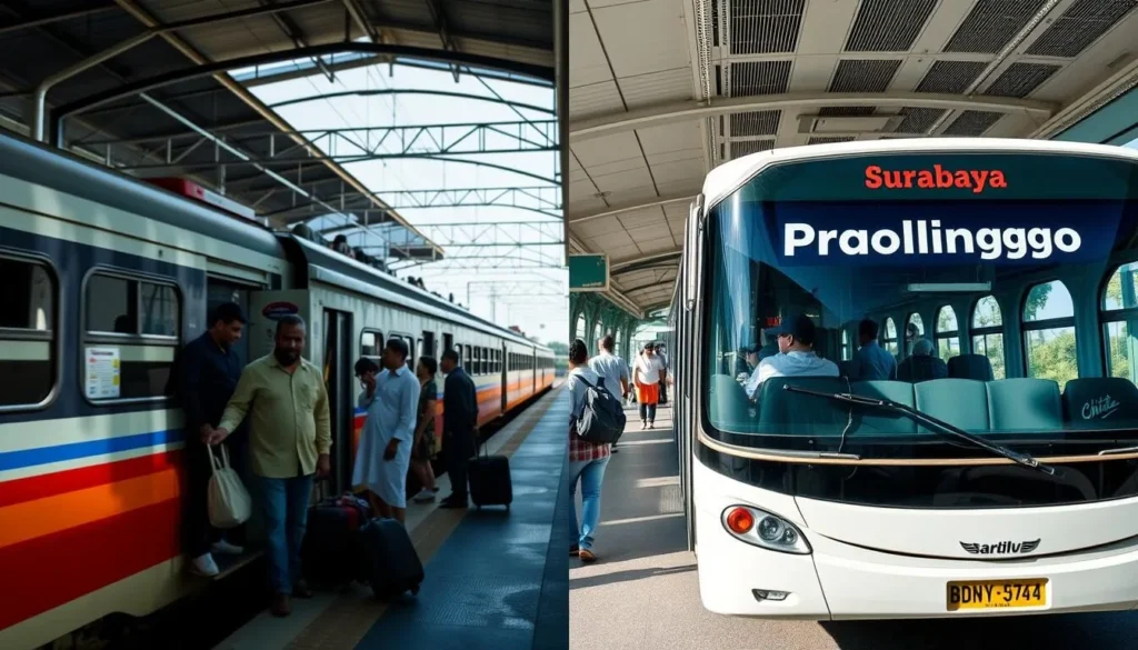 Transportation options from Surabaya to Probolinggo showing buses and trains at station