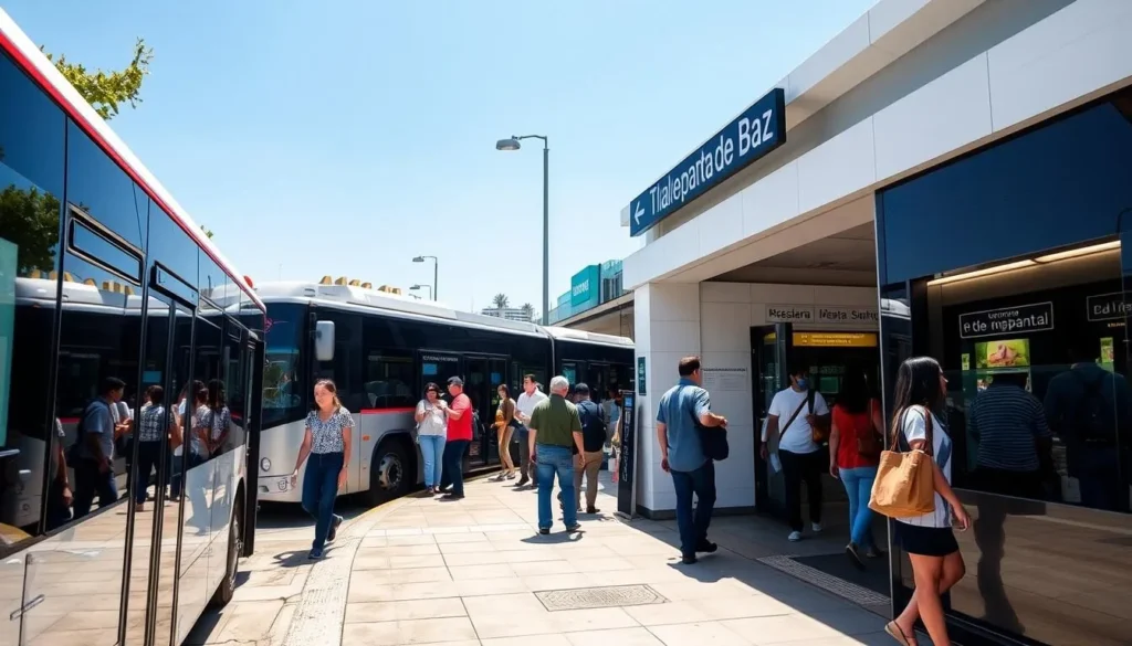 Transportation options in Tlalnepantla de Baz showing modern buses and metro station Transportation options in Tlalnepantla de Baz showing modern buses and metro station