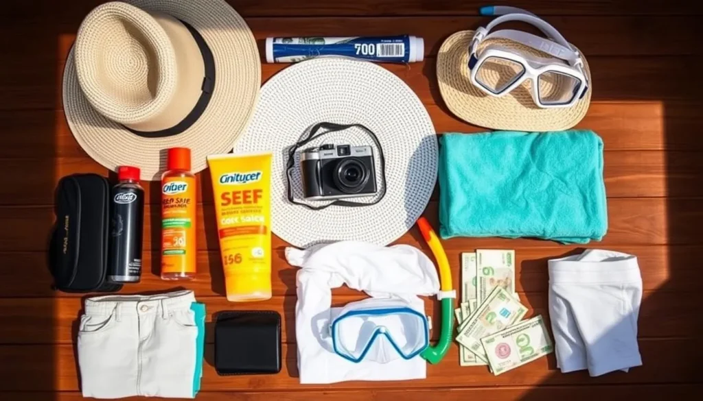 Travel essentials for Blackbird Caye, Belize including reef-safe sunscreen, hat, and underwater camera Travel essentials for Blackbird Caye, Belize including reef-safe sunscreen, hat, and underwater camera