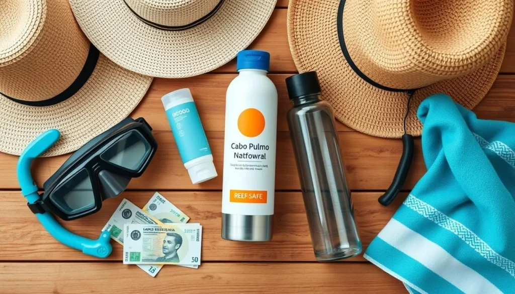 Travel essentials for Cabo Pulmo including reef-safe sunscreen, water bottle, and snorkel gear