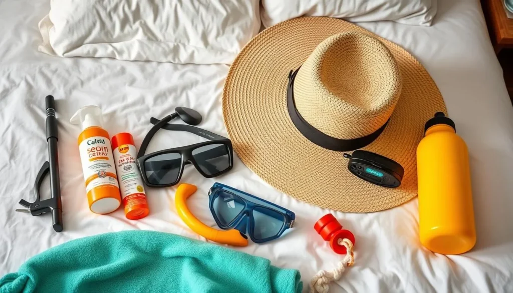 Travel essentials for Cayo Coco including sunscreen, hat, and snorkel gear