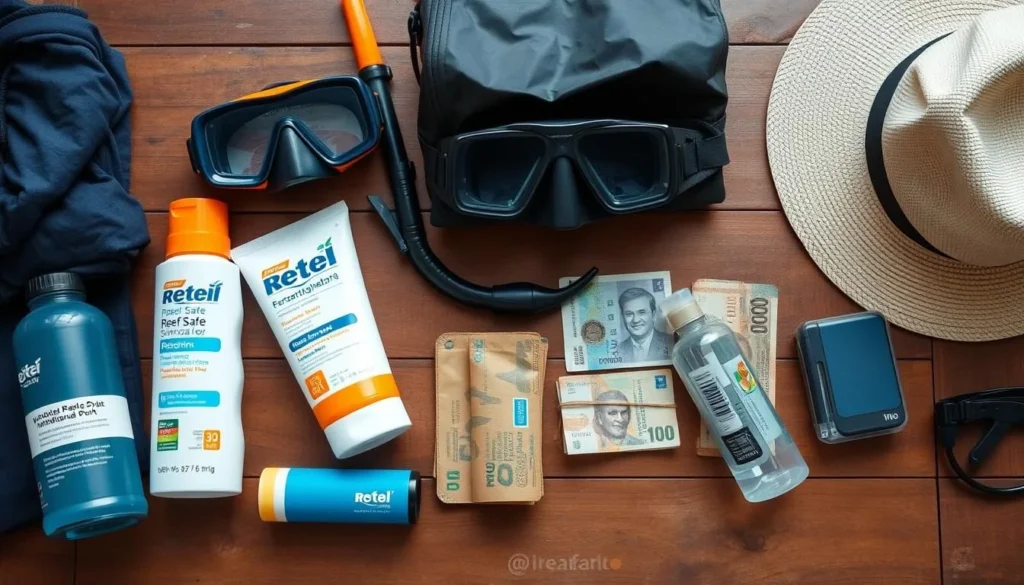 Travel essentials for Karimunjawa including reef-safe sunscreen, snorkeling gear, and waterproof bag