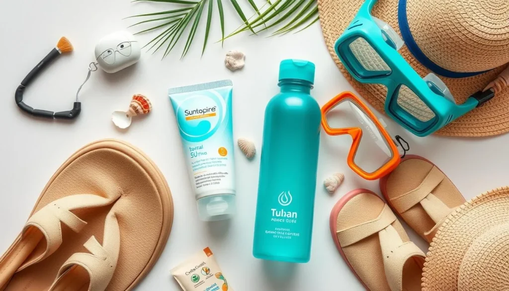 Travel essentials for Tulum including biodegradable sunscreen, insect repellent, water bottle, and snorkel gear