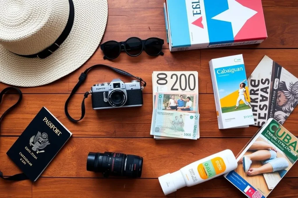 Travel essentials for a trip to Cabaiguan, Cuba including passport, camera, and guidebook