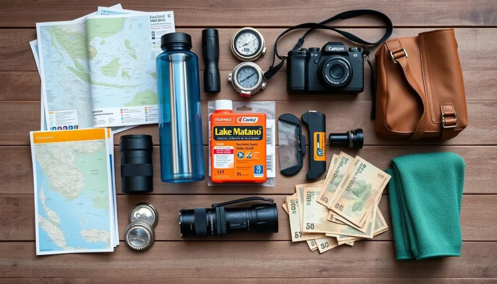 Travel essentials for a trip to Lake Matano including maps, camera, water bottle, and sun protection
