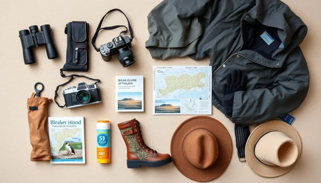 Travel essentials for visiting Bleaker Island including binoculars, waterproof gear, and camera equipment