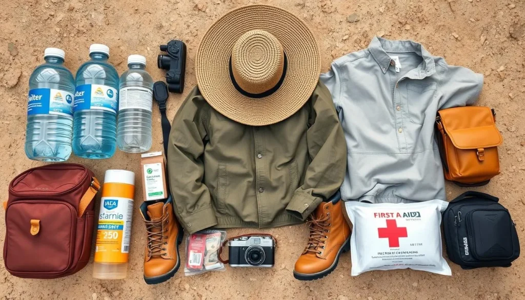 Travel essentials for visiting Isla Santa Catalina, Mexico including water bottles, sun protection, and camping gear Travel essentials for visiting Isla Santa Catalina, Mexico including water bottles, sun protection, and camping gear