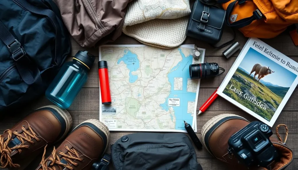 Travel essentials for visiting Lake Keltma including maps and outdoor gear