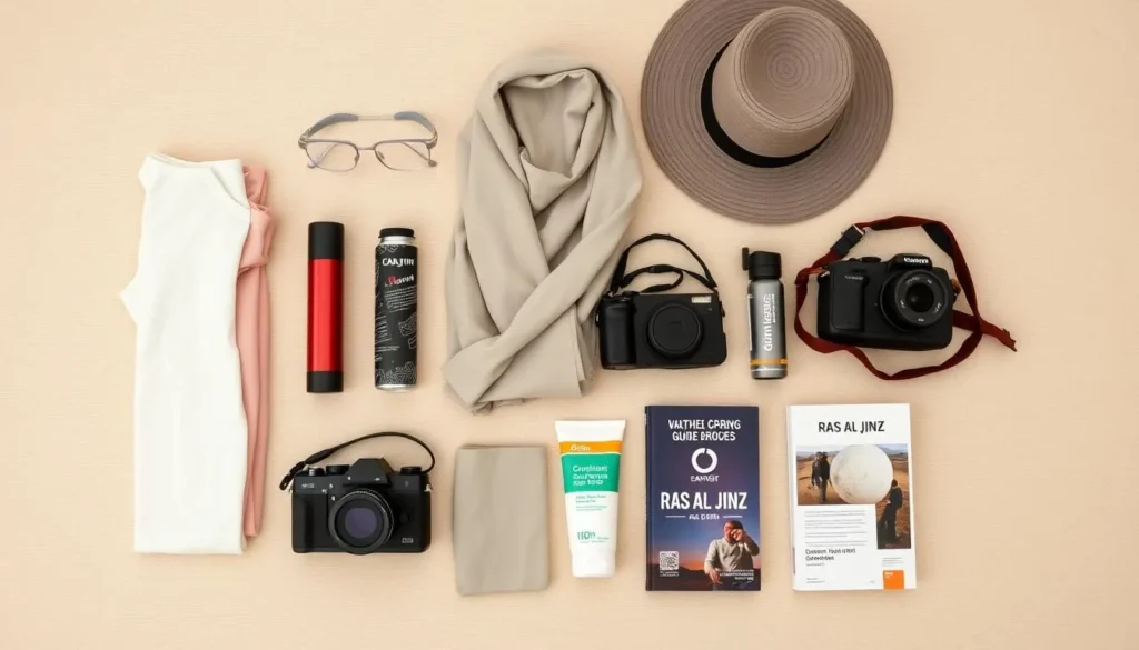 Travel essentials for visiting Ras Al Jinz including red light torch, modest clothing, and camera Travel essentials for visiting Ras Al Jinz including red light torch, modest clothing, and camera