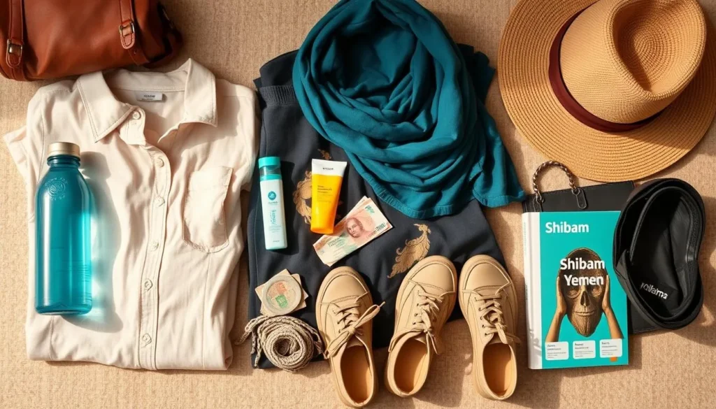 Travel essentials for visiting Shibam Yemen including modest clothing, water bottle, and local currency