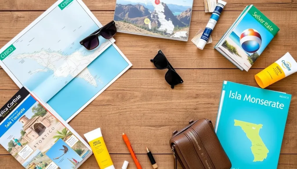 Travel planning materials including maps and guides for Isla Monserrate, Mexico