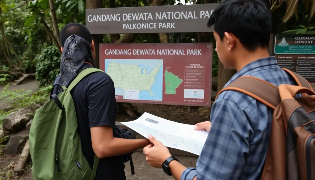 Traveler checking a map with a local guide at the entrance of Gandang Dewata National Park Indonesia Traveler checking a map with a local guide at the entrance of Gandang Dewata National Park Indonesia