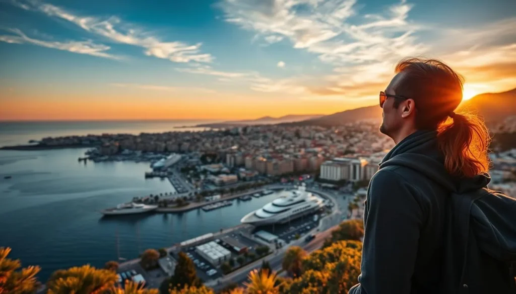 Traveler enjoying a sunset view from a Cannes hillside viewpoint Traveler enjoying a sunset view from a Cannes hillside viewpoint