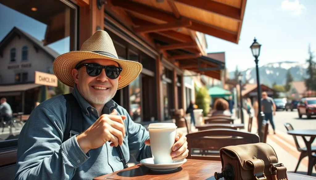 Traveler enjoying coffee at outdoor cafe in Truckee with mountain views Traveler enjoying coffee at outdoor cafe in Truckee with mountain views