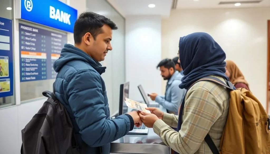 Traveler exchanging currency at a local bank in Biratnagar