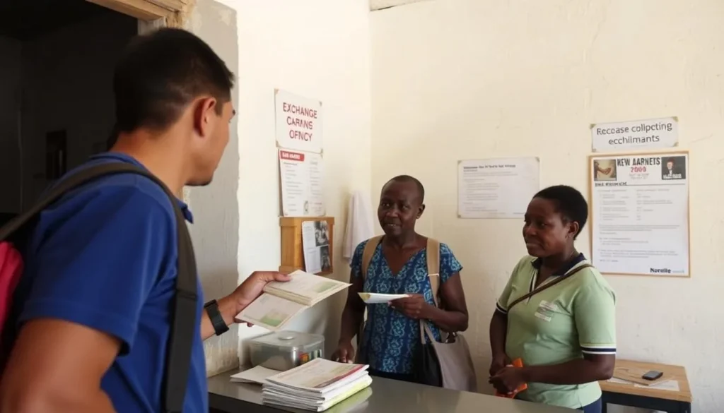 Traveler exchanging currency at a local exchange office in Brickaville