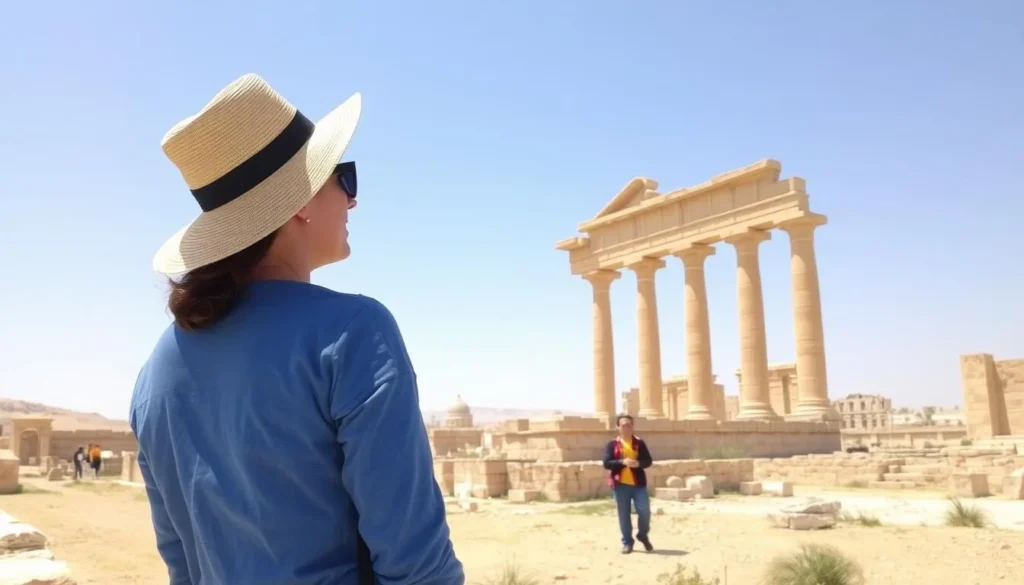 Traveler exploring Palmyra ruins with proper sun protection and comfortable clothing
