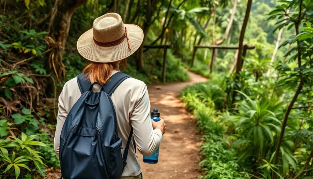 Traveler hiking on a trail in Omoa National Park with proper gear