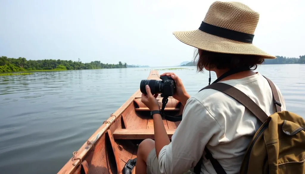 Traveler in a boat exploring Lake Sentarum with essential gear Traveler in a boat exploring Lake Sentarum with essential gear