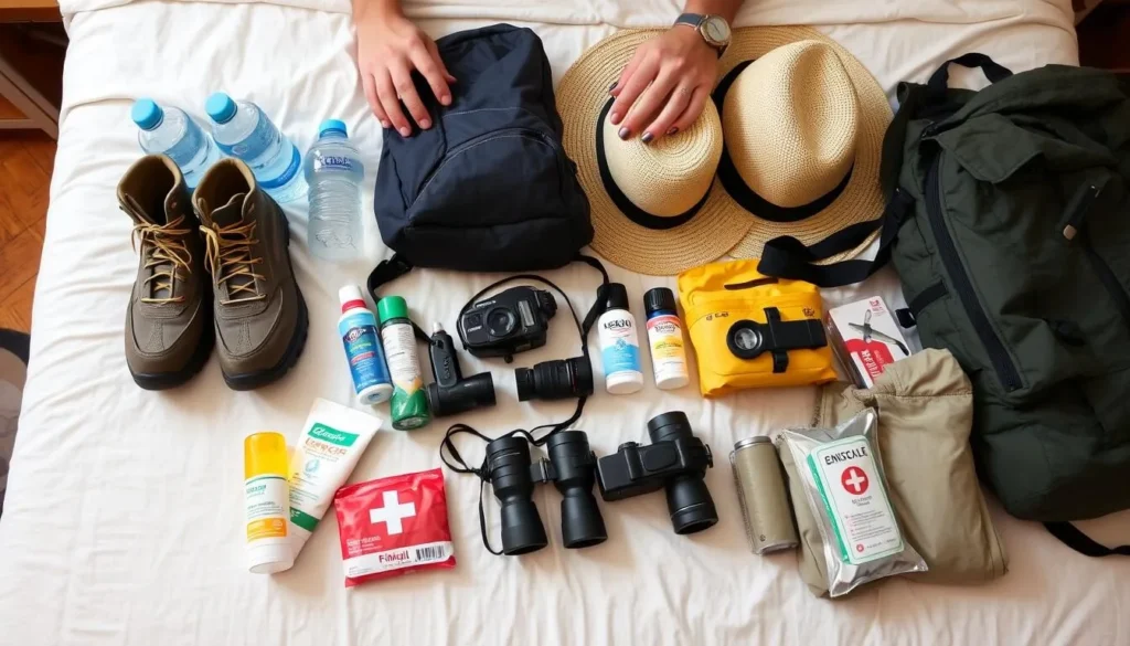 Traveler packing essential gear for La Bayamesa National Park visit including hiking boots, water bottles, and sun protection