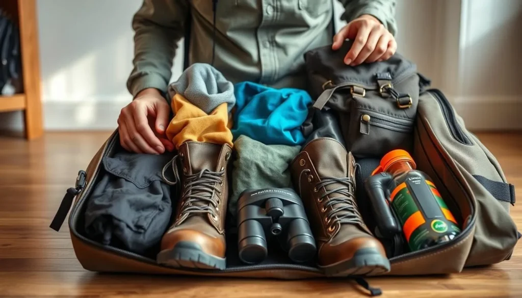 Traveler packing essential gear for Madidi National Park jungle expedition