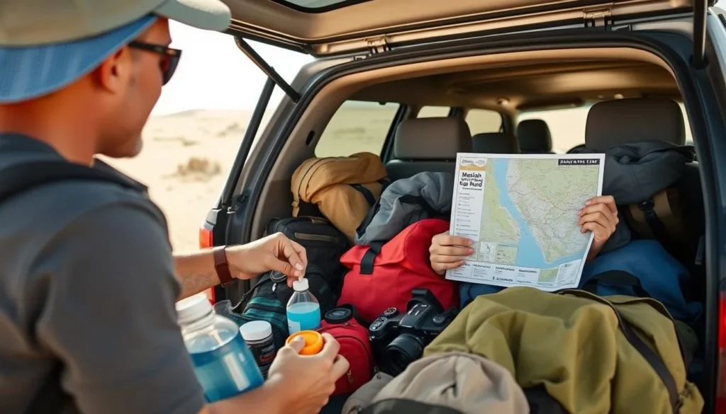 Traveler packing essential gear for Masirah Island adventure