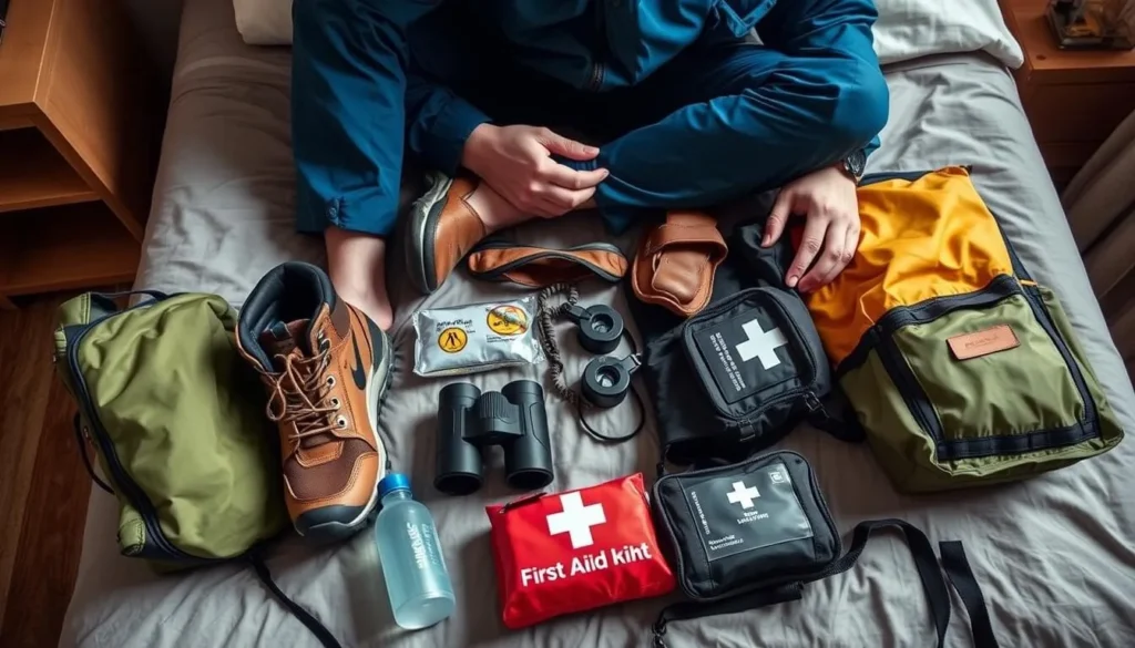 Traveler packing essential gear for Zahamena National Park trek