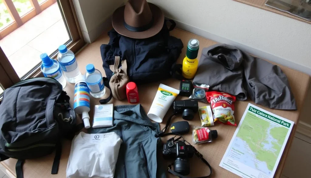 Traveler packing essential gear for a day hike in Capiro Calentura National Park Traveler packing essential gear for a day hike in Capiro Calentura National Park