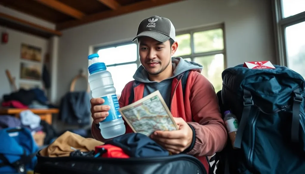 Traveler packing essential gear for trekking in Phou Luang Massif