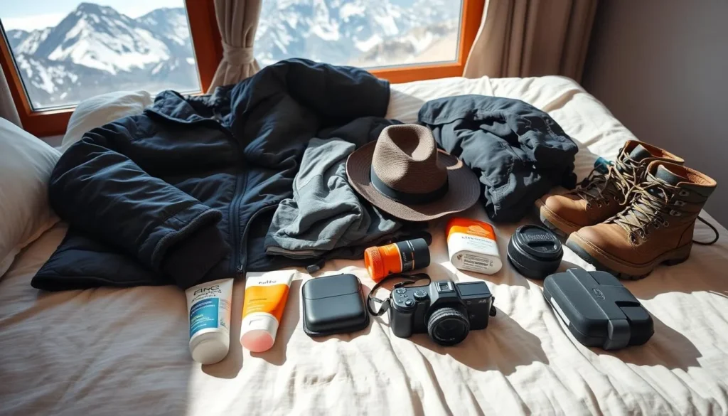 Traveler packing essentials for Ladakh trip including warm layers, sun protection, and water bottle with mountains visible through window