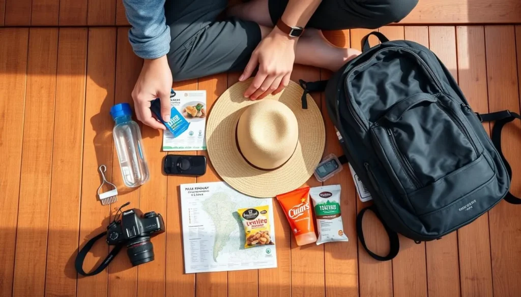 Traveler packing gear for a day trip to Phou Khao Khouay National Protected Area