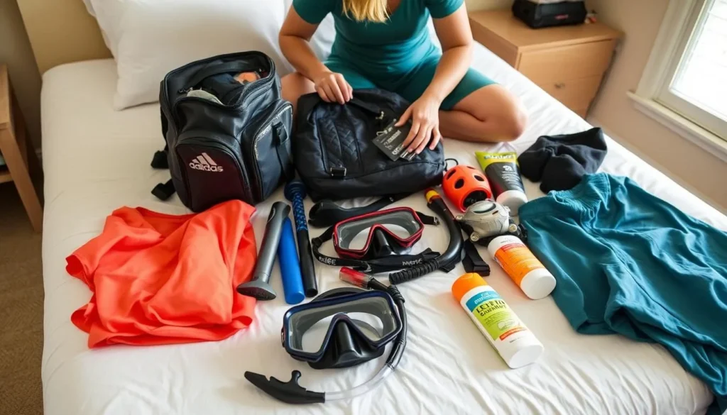 Traveler packing specialized gear for a Turneffe Atoll adventure