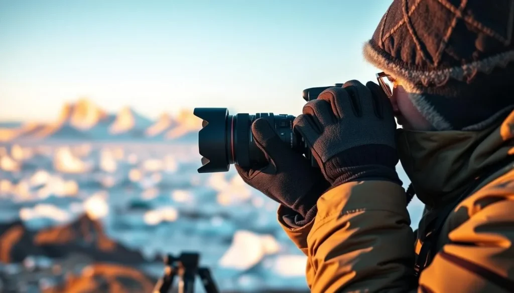 Traveler photographing Greenland landscape with proper cold-weather camera protection