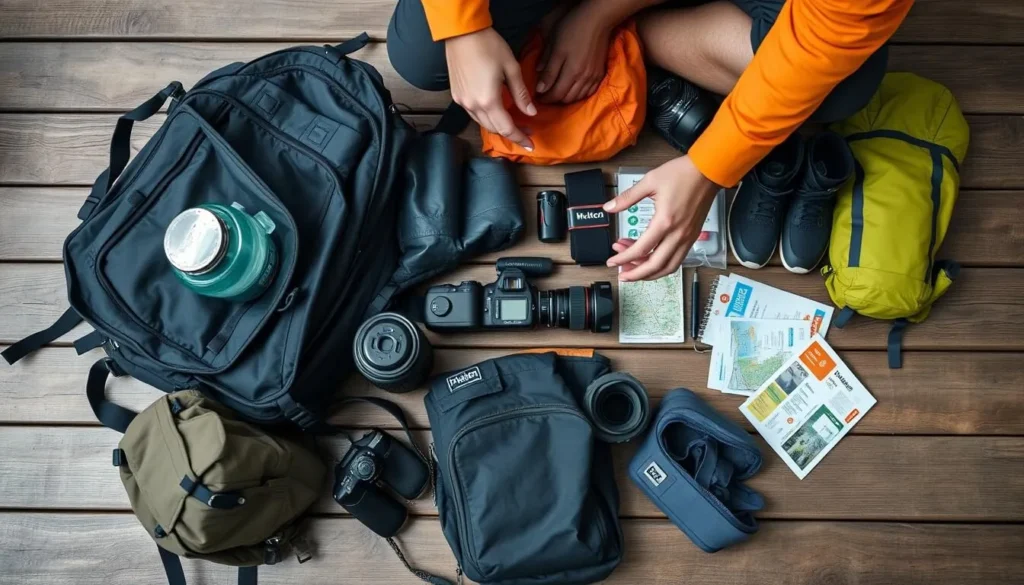 Traveler preparing backpack with essential gear for Mount Leuser National Park trek Traveler preparing backpack with essential gear for Mount Leuser National Park trek