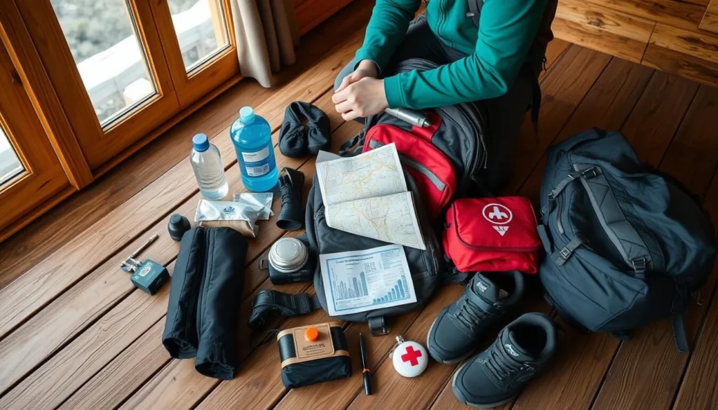 Traveler preparing backpack with essential gear for Torsa Strict Nature Reserve trek