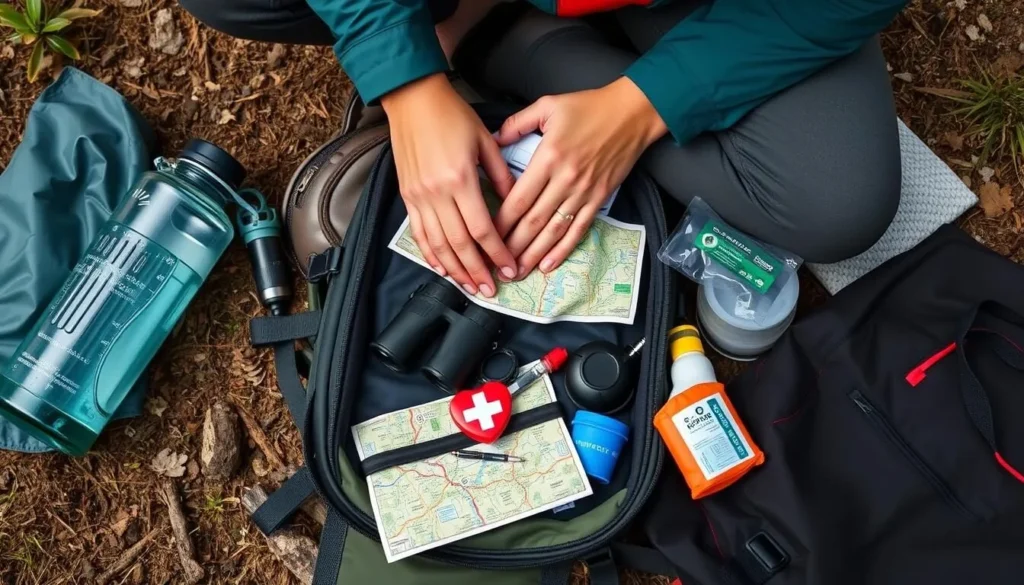 Traveler preparing backpack with essential gear for hiking in Montana de Botaderos Carlos Escaleras Mejia National Park