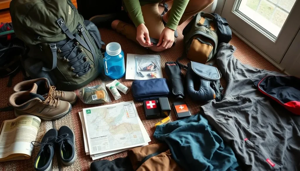 Traveler preparing equipment and supplies for an Annamite Range expedition